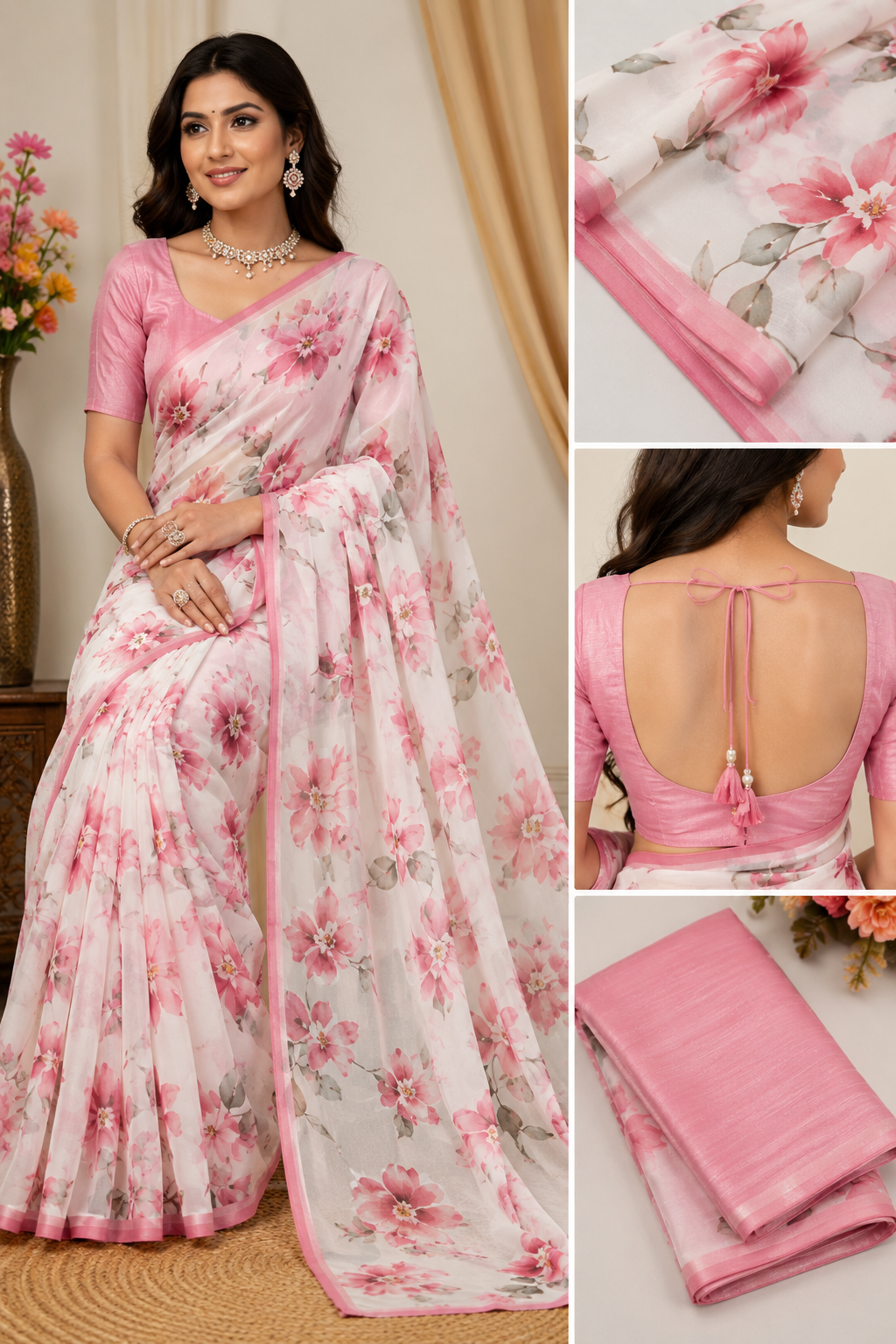 Women's Premium Floral Print Georgette Saree with Blouse Piece