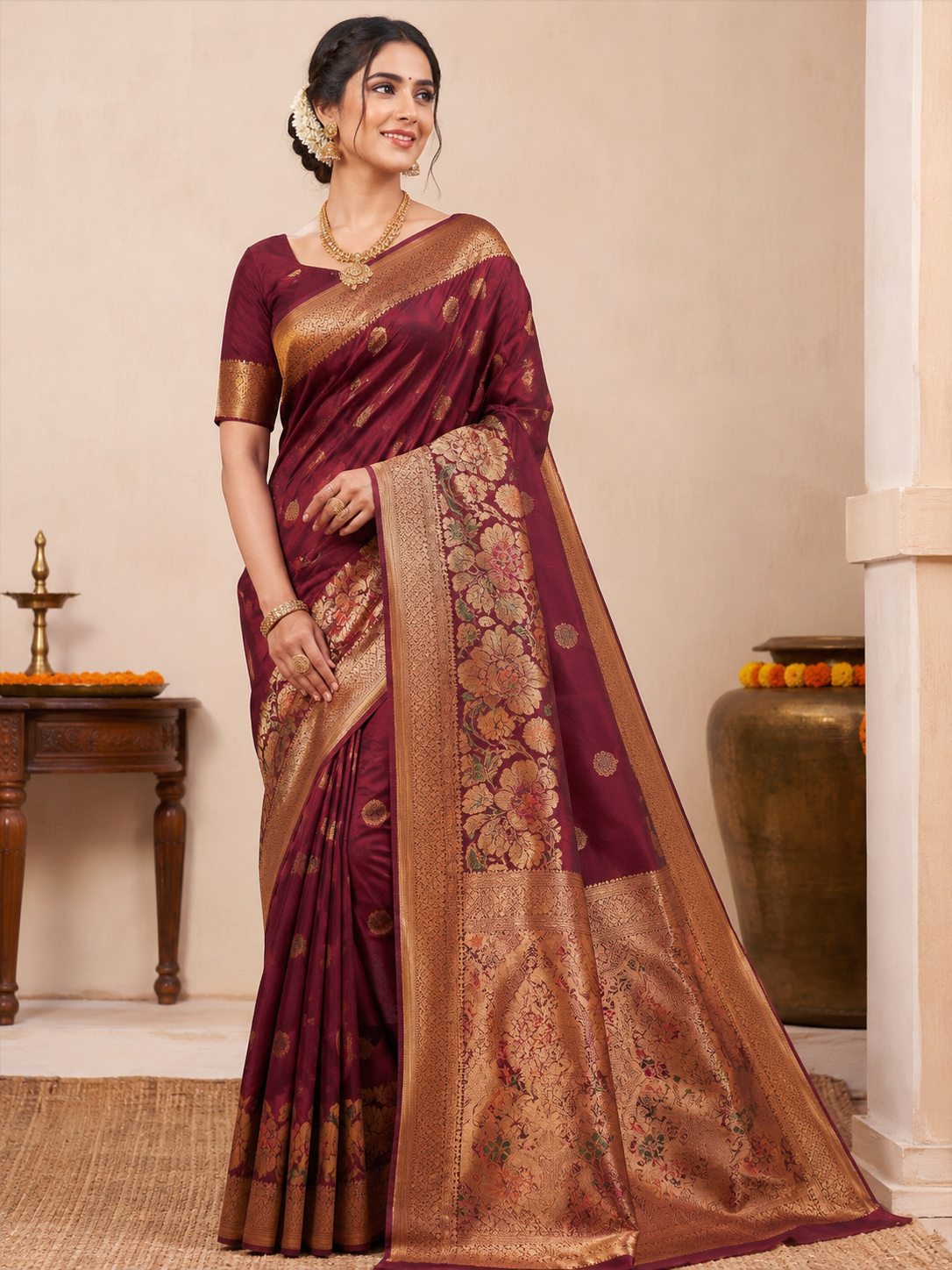Women's Traditional Silk Blend Saree with Zari Border