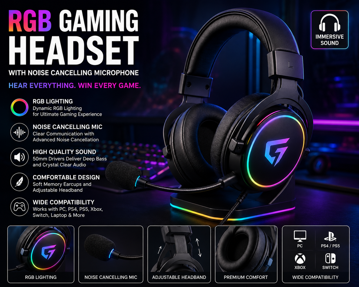 RGB Gaming Headset with Noise Cancelling Microphone