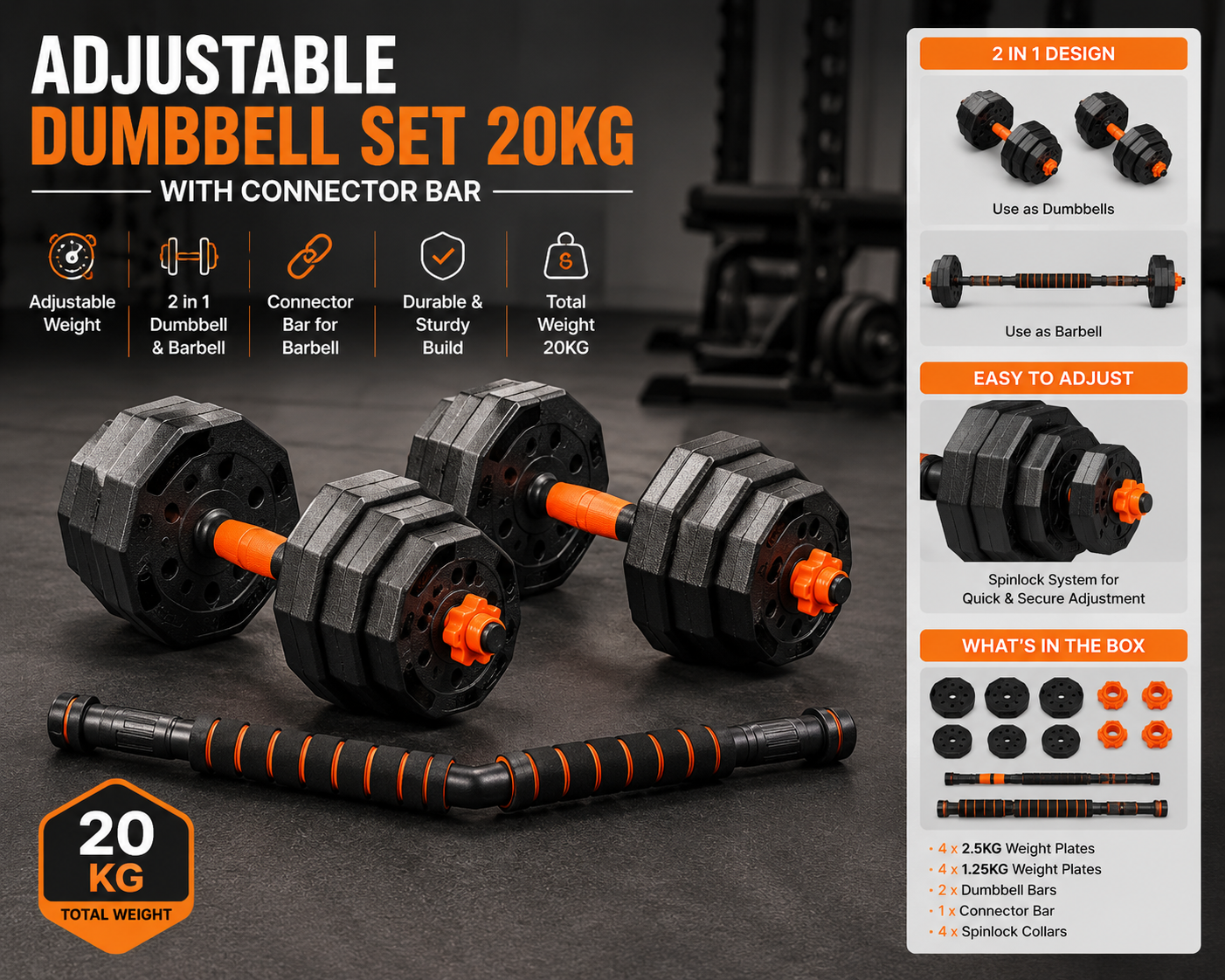 Adjustable Dumbbell Set 20KG with Connector Bar