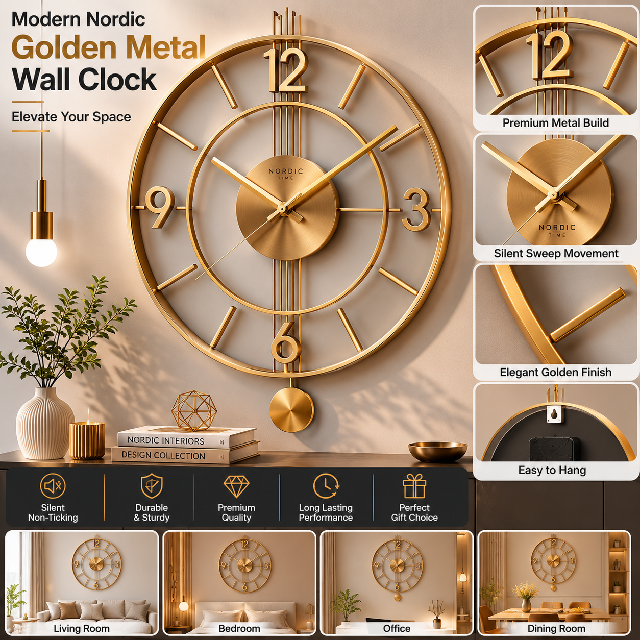 Modern Nordic Golden Metal Wall Clock